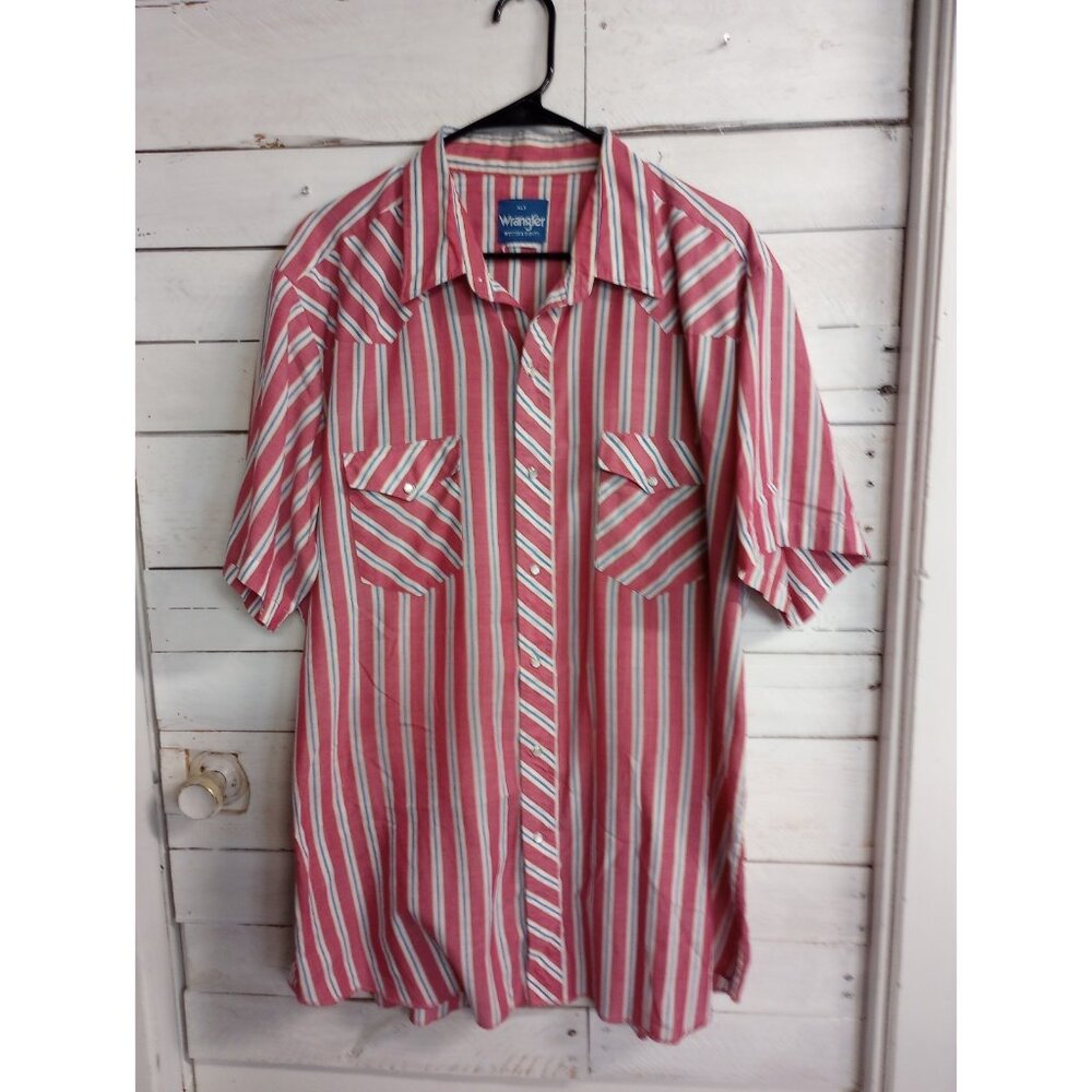 Wrangler Western Shirt Mens Size XLT Red Striped Short Sleeve Pearl Snap